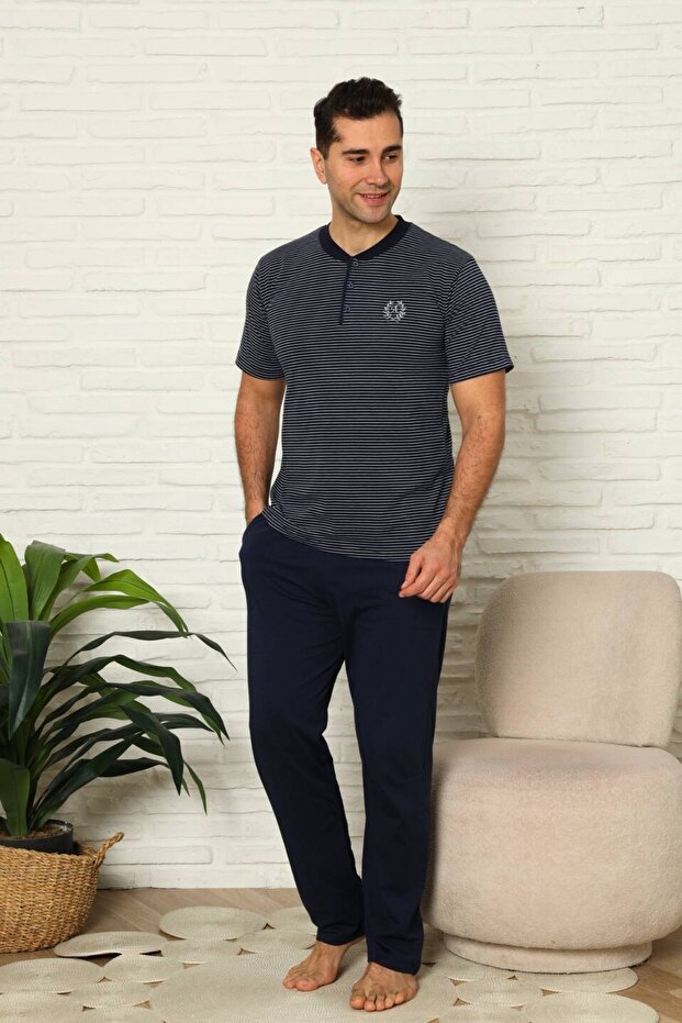 Men's Pajama Set - Navy Blue Short Sleeve Combed Cotton 1219Ky