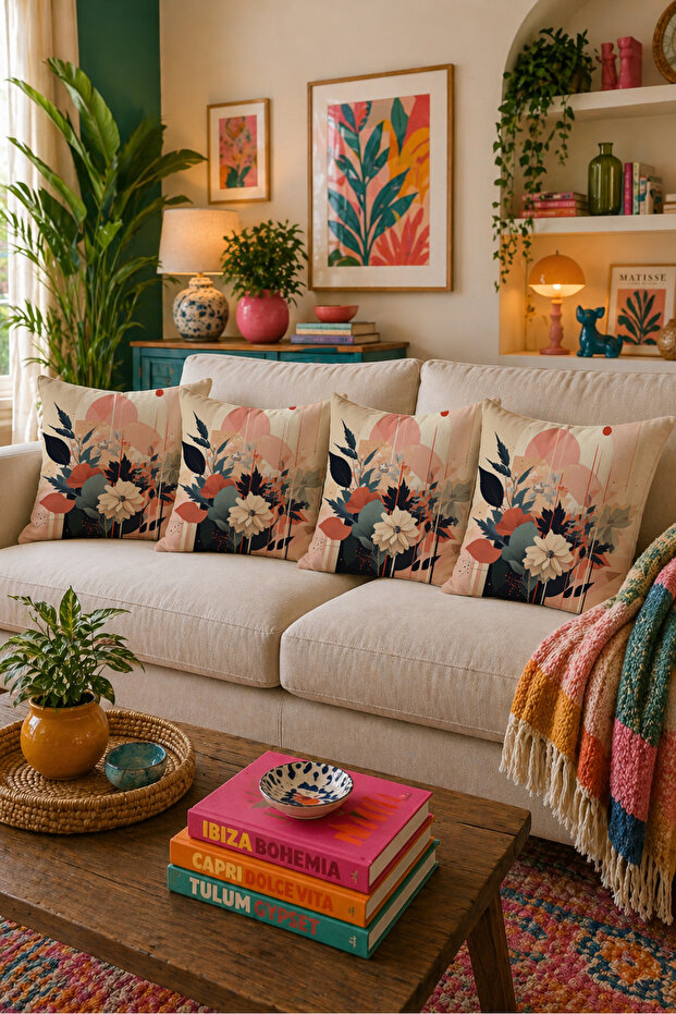 Modern Abstract Floral Patterned 4-Piece Throw Pillow Cover Bohemian Pastel Decorative Pillow Set 43X43 cm