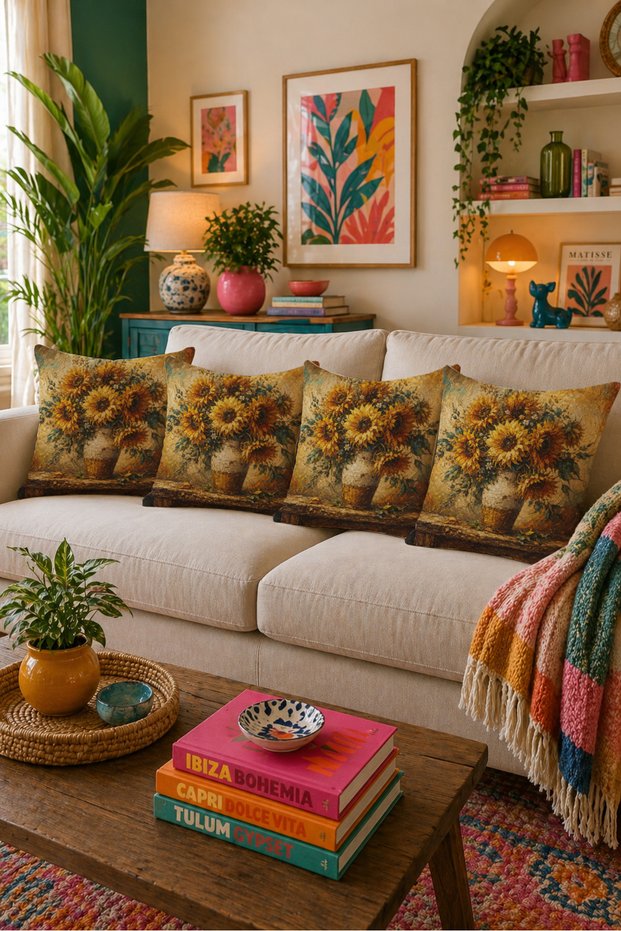 Vintage Sunflower Patterned 4-Piece Throw Pillow Cover Rustic Country Decorative Pillow Set 43X43 cm