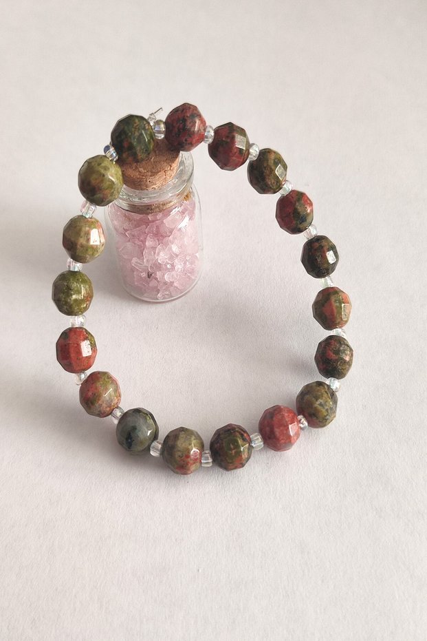 Certified 8 mm Polygonal Unakite Natural Stone Bracelet