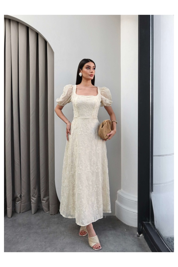 Square Neck Balloon Sleeve Embroidered Dress