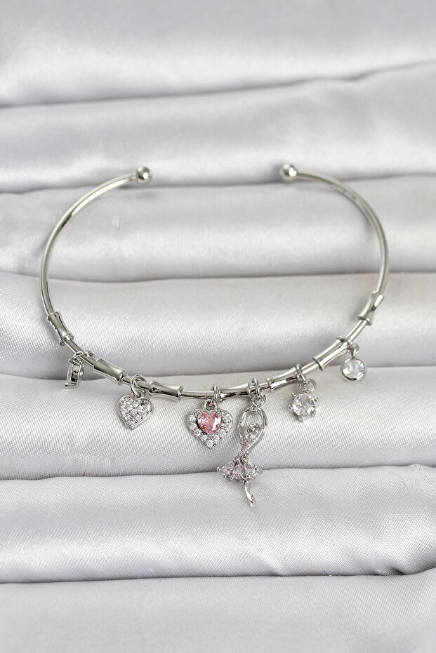 Brass Silver Color Ballerina Detail Charm Women's Bracelet -