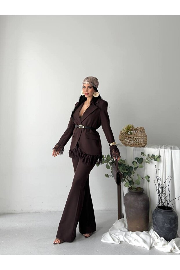 Women's Blazer Jacket Pants Set Lace Detailed Stylish Two Piece Set