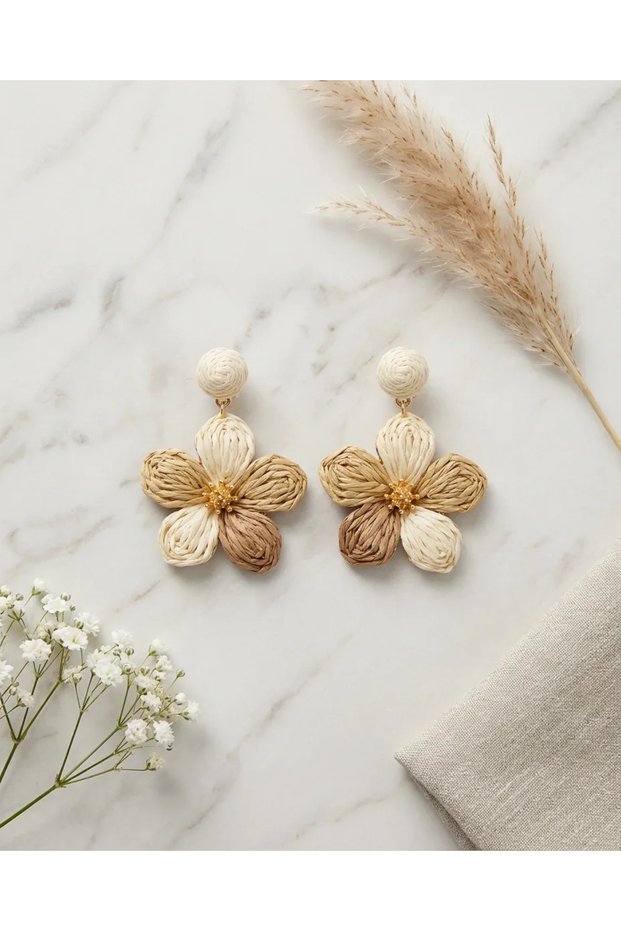 Straw Flower Earrings Cream Brown Natural Textured Summer Bohemian Women's Earrings