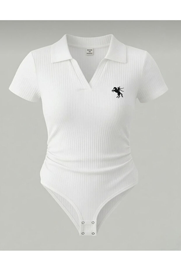 Polo Collar Ribbed Lycra Bodysuit Blouse