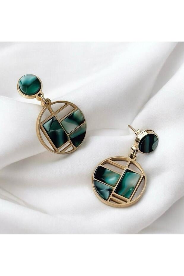 Blue Marble Patterned Dangle Steel Earrings Gold Color Stylish Design