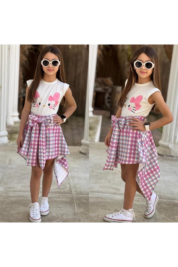 Girl's Asymmetrical Bow Detailed Plaid Skirt - Printed T-Shirt Two-Piece Set for Holidays - Graduation 2-Piece Combination
