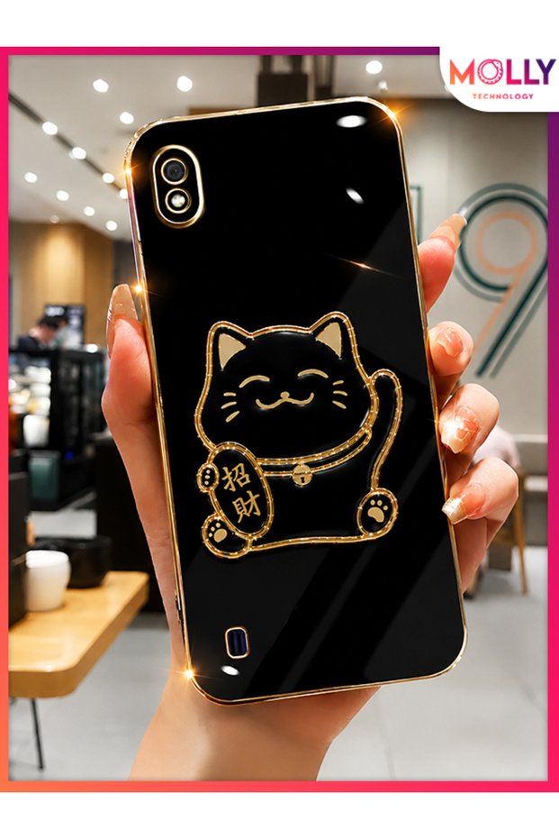 Black Edge Gold Detailed Lucky Cat Stand Luxury Silicone Case for Samsung Galaxy A10