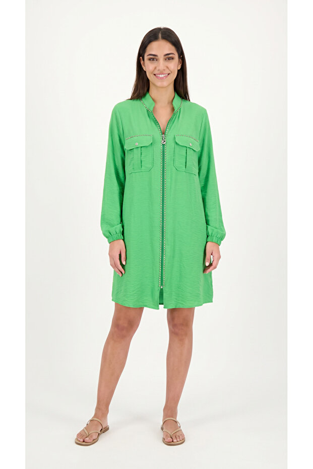 Button Detailed Long Hijab Shirt Tunic Green (Choose 1 Size Larger.)