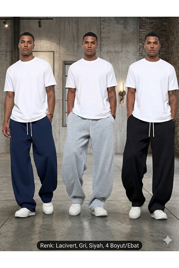 3-Piece Black Gray Navy Blue Men's Oversize Sweatpants - Wide Leg Loose Fit - 100% Cotton Comfortable