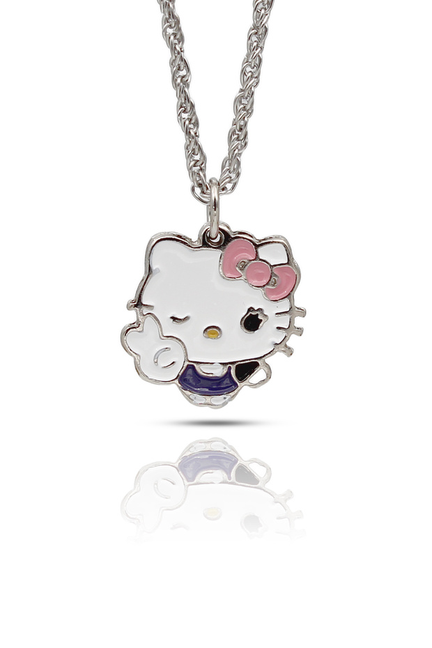 Hello Kitty Necklace Cute Character Necklace with Pink Bow - Pink and White Enamel Twisted Chain