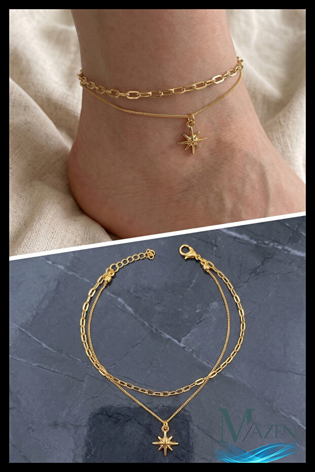 Polar Star Tip Gold Double Chain Anklet | Adjustable Women's Anklet Jewelry Accessory