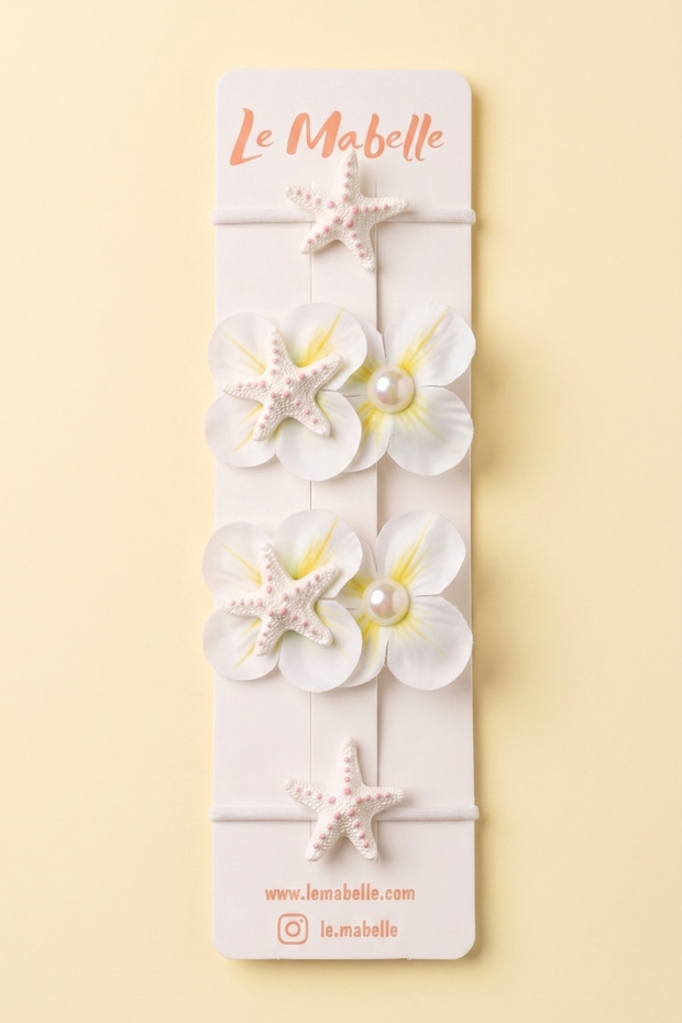 Set of 4 Rubber Buckles with White Starfish and Orchid Figures