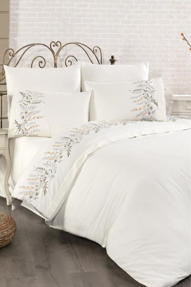 Montana Cotton Satin Embroidered 6 Piece Duvet Cover Set Cream