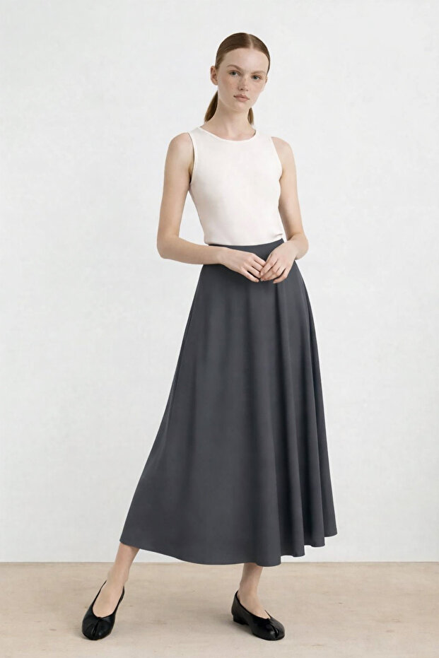 Dark Gray Pleated Flared Midi Skirt