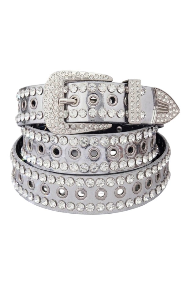 Silver-Colored Patent Leather Belt with Full Stones on It