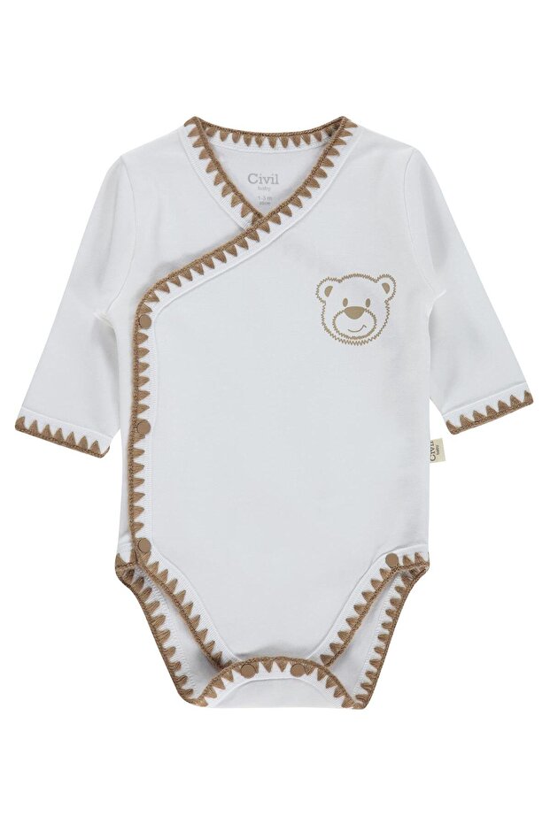 Sitting Sweet Bear Printed 1-9 Months Snap-On Badi - Ecru