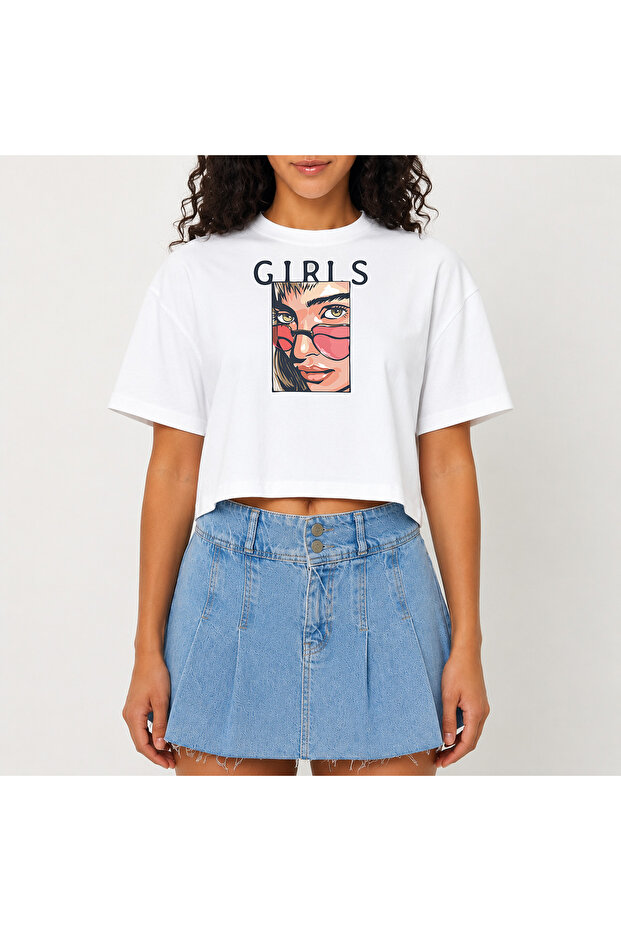 Crop T-Shirt White Printed Relaxed Fit Raw Cut Basic Short Tshirt