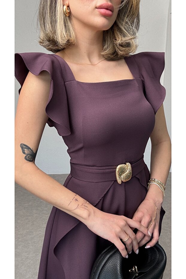 Rochie lungă cu volane și curea - 3