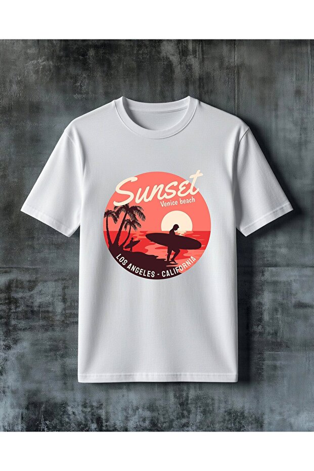 تي شيرت مطبوع عليه sunset venice beach مقاس كبير
