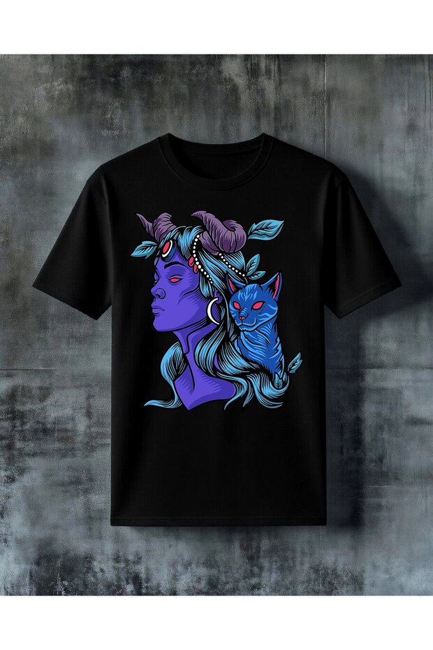 Blue Cat Girl Savas Printed Oversize T-Shirt