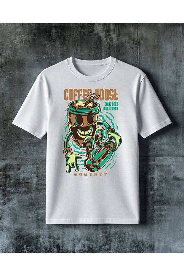 تي شيرت كبير الحجم مطبوع عليه coffee overdose enerji