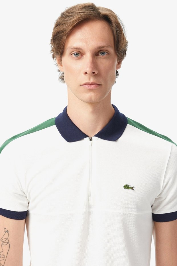 Men's Regular Fit Zippered Polo T-Shirt Men's Zippered Polo Collar Color Block T-Shirt White