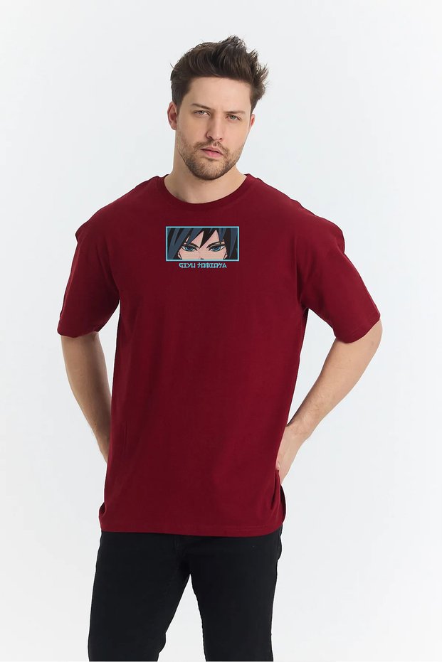 Unisex Oversize Embroidered Demon Slayer Giyu Tomioka Anime Design 100% Cotton T-Shirt