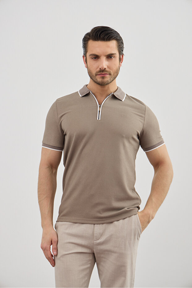 Men's Zippered Stripe Detailed Anti-Sweat Polo Collar T-Shirt