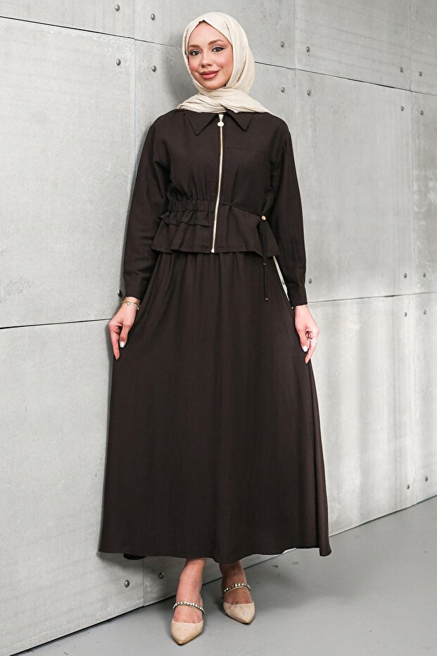 Brown Zippered Jacket Skirt Set