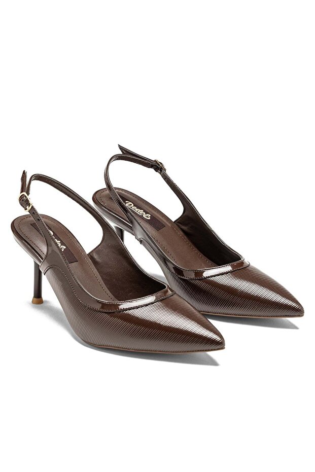 Women's Open Back Line Patterned Buckle Pointed Toe Thin Heeled Evening Dress Shoes 17330