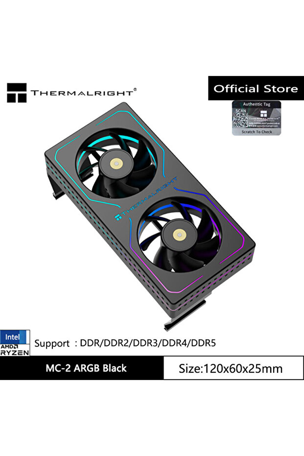 مشتت حراري أسود ARGB من Thermalright MC-2 ARGB لذاكرة الكمبيوتر، مزود بمراوح مزدوجة عالية الأداء.