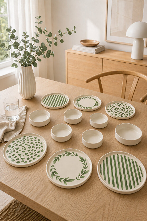 Green Flow 12 Piece Stackable Ceramic Plate Set for 6 Persons Premium Presentation & Breakfast Set