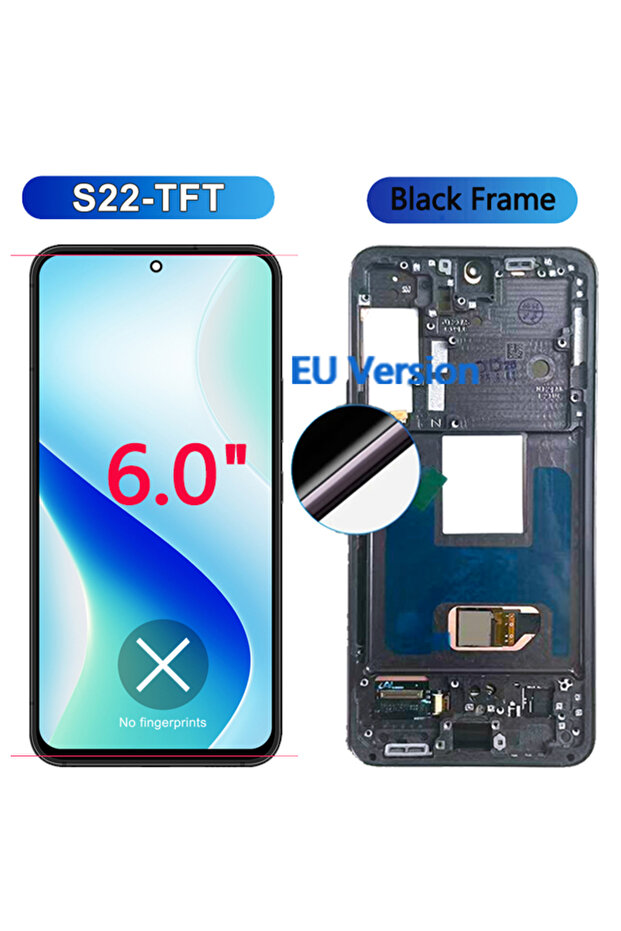 شاشة TFT أوروبية مع إطار 6.1 بوصة AMOLED LCD لهاتف S22 5G، شاشة عرض LCD تعمل باللمس مع محول رقمي لهاتف S22 5G S...