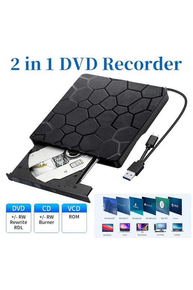 محرك أقراص DVD خارجي أسود 2 في 1 من GGBEE، مزود بمنفذ USB 3.0 من النوع C، وناسخ أقراص DVD وCD رفيع.