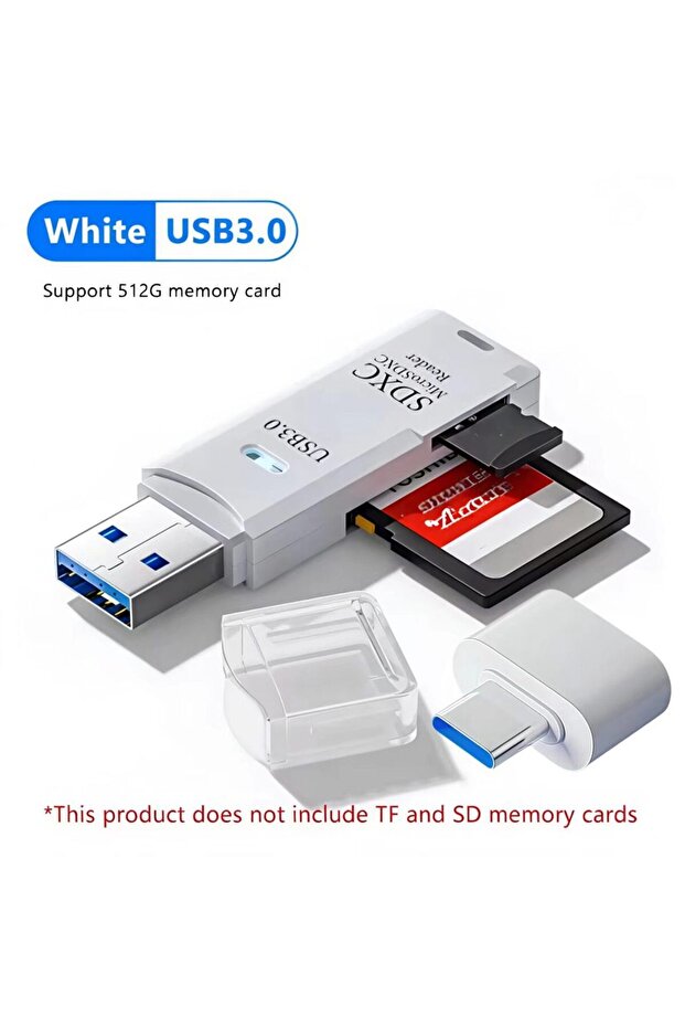 White 3.02Pieces 2-in-1 USB 3.0 and 2.0 High-Speed Card Reader with Type-C Adapter, 5Gbps High-Speed