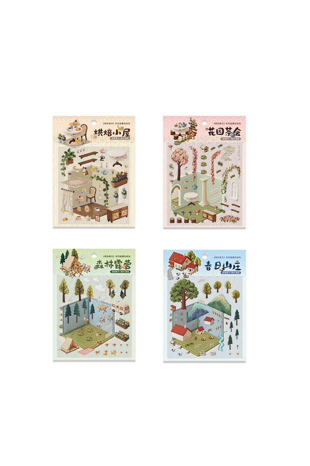 4packs Journal GO Creative 3D Scenes Cartoon Landscape Stickers Spring diy Sticker for Gift Card Co