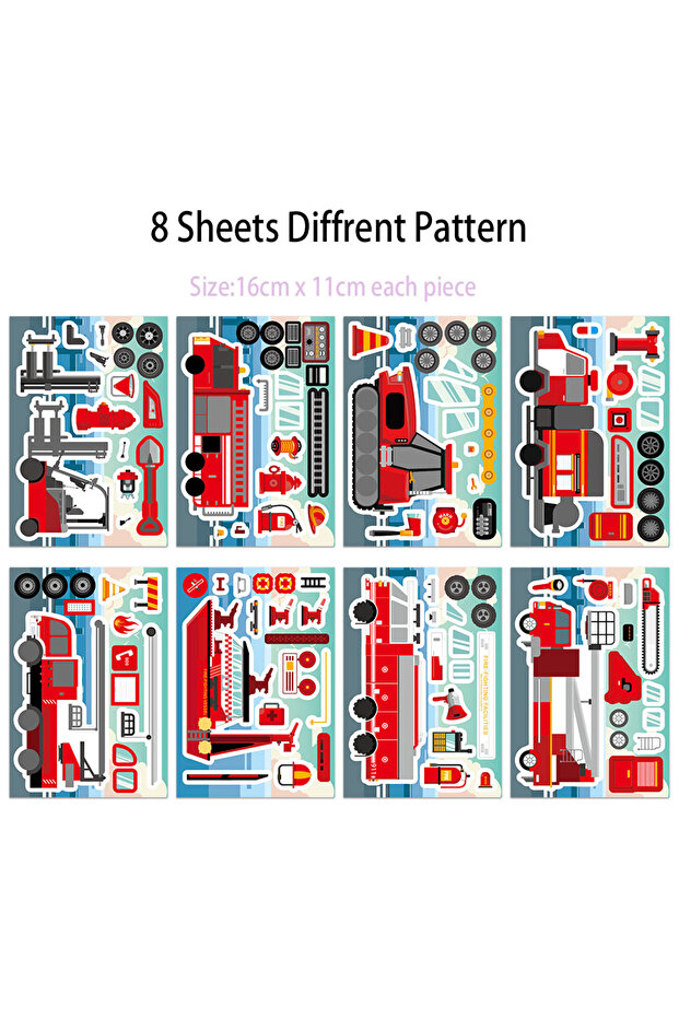 8PCS 8PCS Fire Engineering Rescue Vehicle Creative Collage Stickers Homemade Cartoon Puzzle Phone Ca