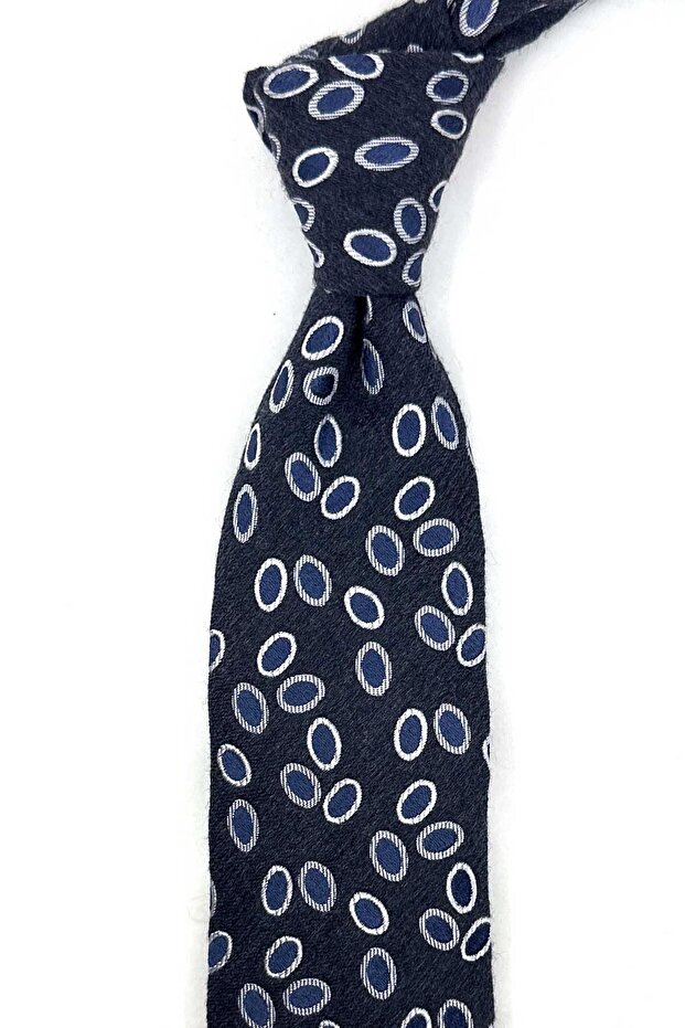 Smoked Navy Blue Motif Wool Silk Tie İk2470