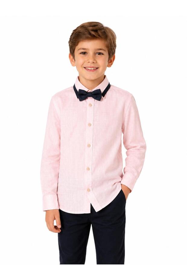 Polo Collar Bow Tie Long Sleeve Shirt for Boys
