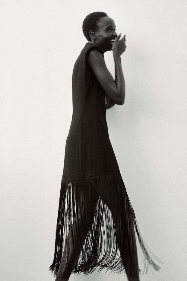 Fringed shoulder-pad dress