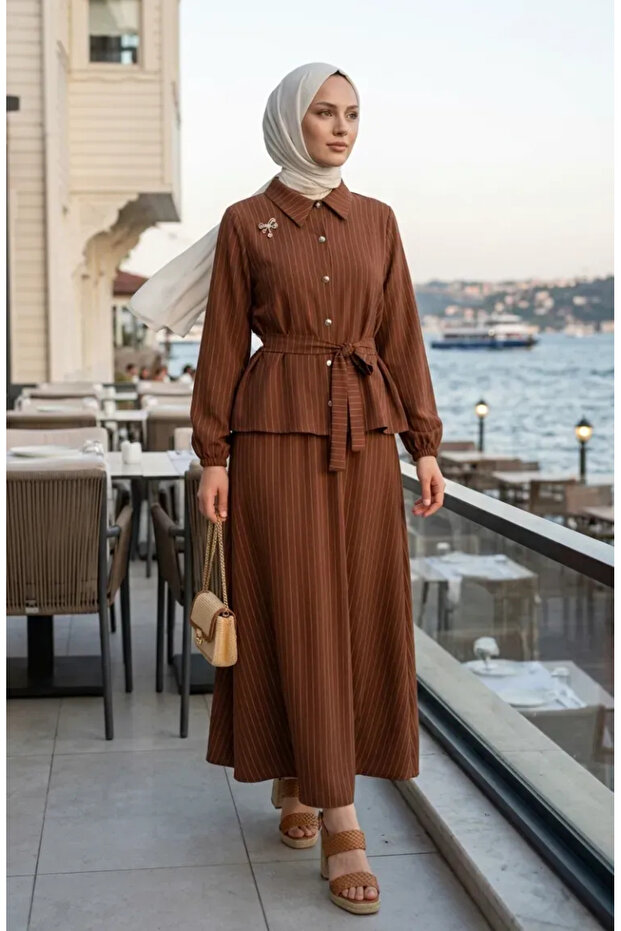 Striped Brooch Belted Double Suit 0280-02 Brown