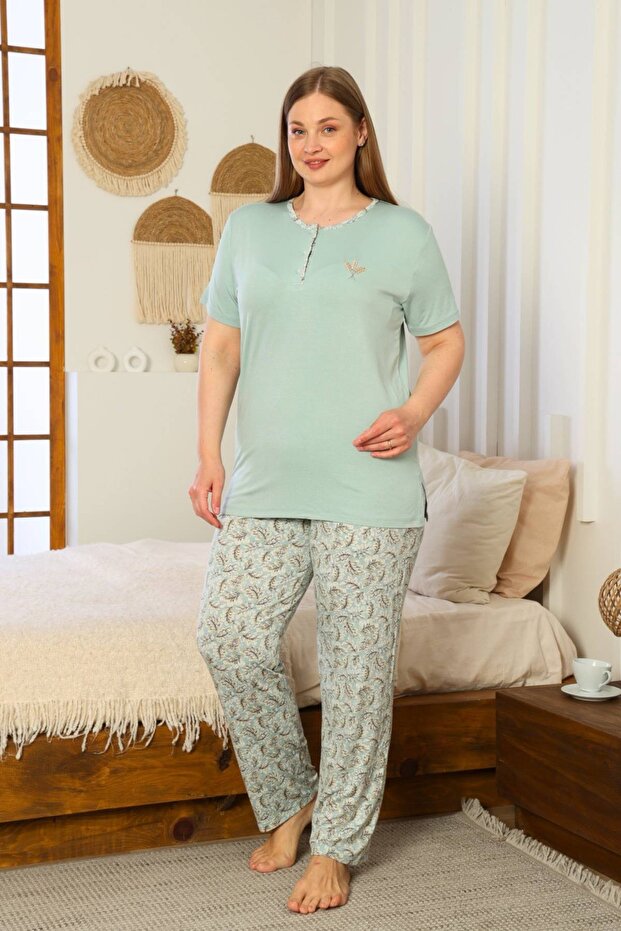Plus Size Women`S Pajama Set - Green Short Sleeve Lycra 2874Kyb