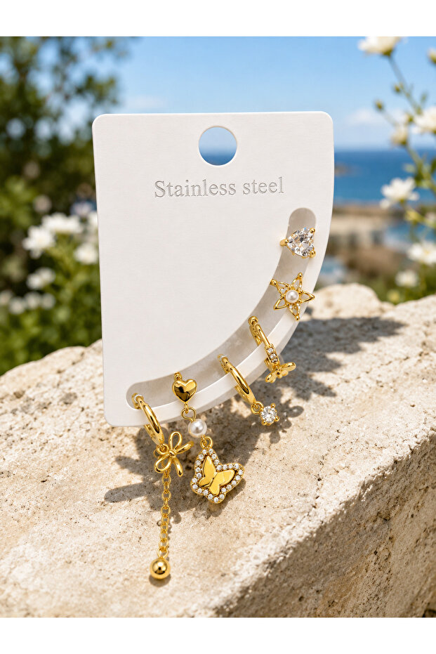 Non-Tarnish Steel Butterfly Figured Multiple Earring Set