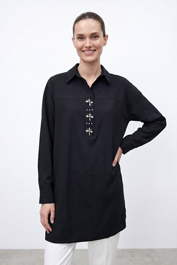 Women's Shirt Collar Tunic with Stone Accessories 10774