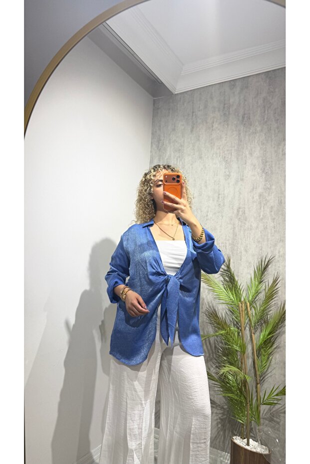 Women's Shimmering Tie-Front Kimono Shirt - Oversized Stylish Blouse with Satin Texture