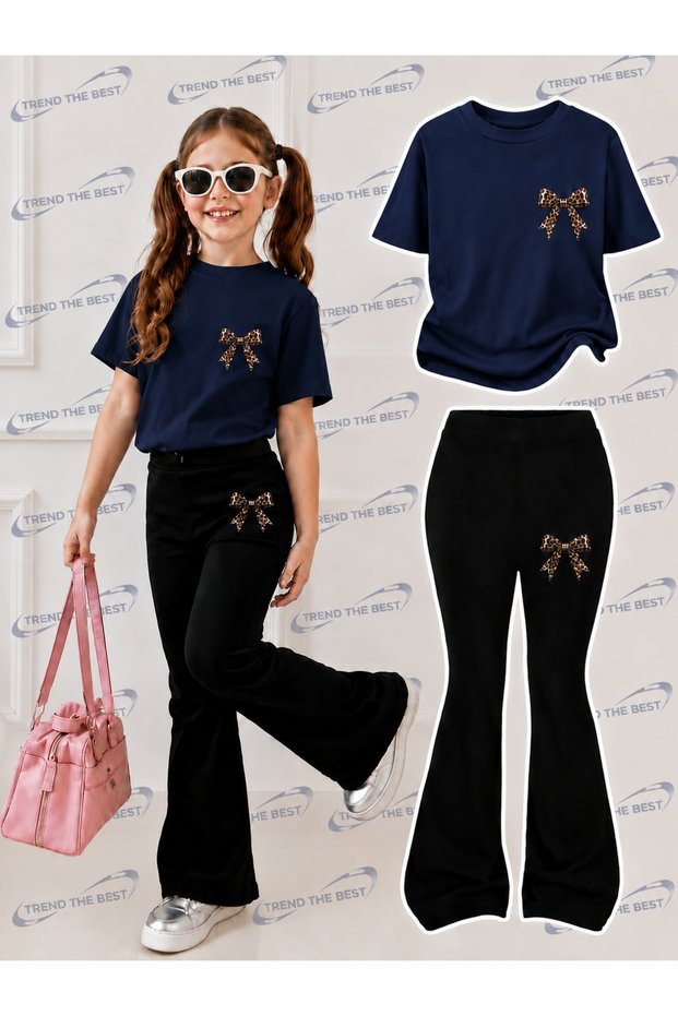 Summer Black Spanish Flared Pants and T-Shirt, Children's Girl's Set with Small Leopard Pattern Print Design