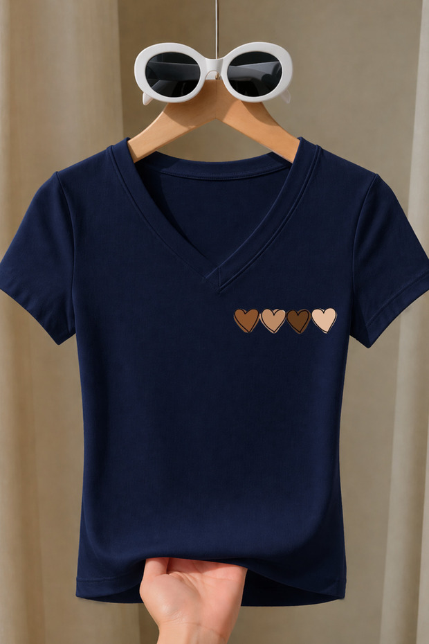 Women's Minimal Brown Heart Printed Basic Daily Use V-Neck Slim Fit Lycra T-Shirt