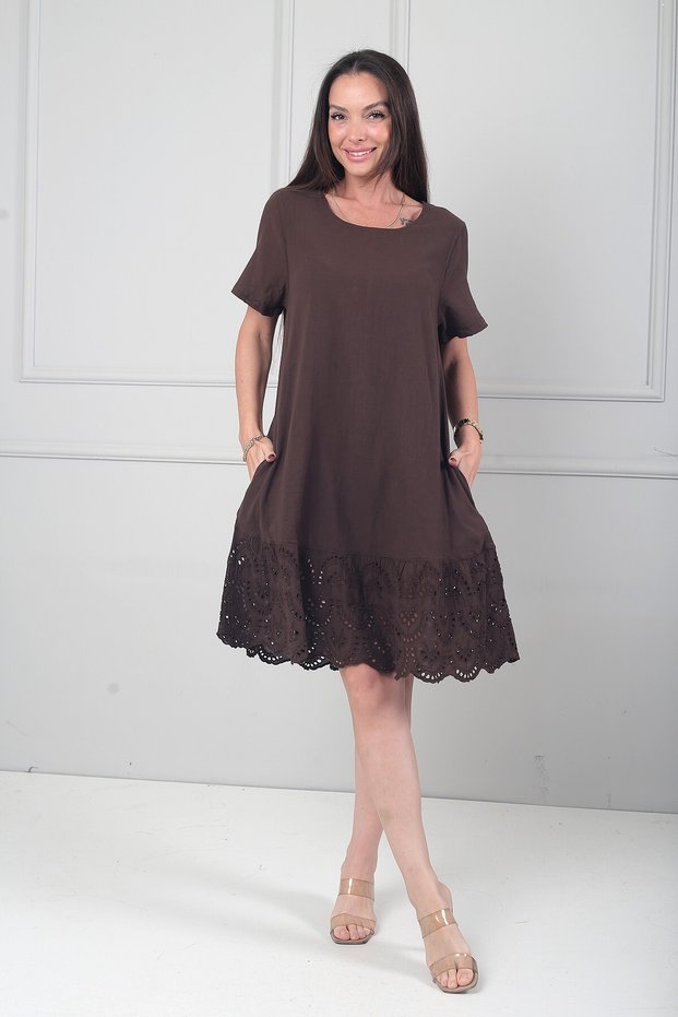 Women's Italian Short Sleeve Skirt with Scallop Lining and Pockets Cotton Midi Dress
