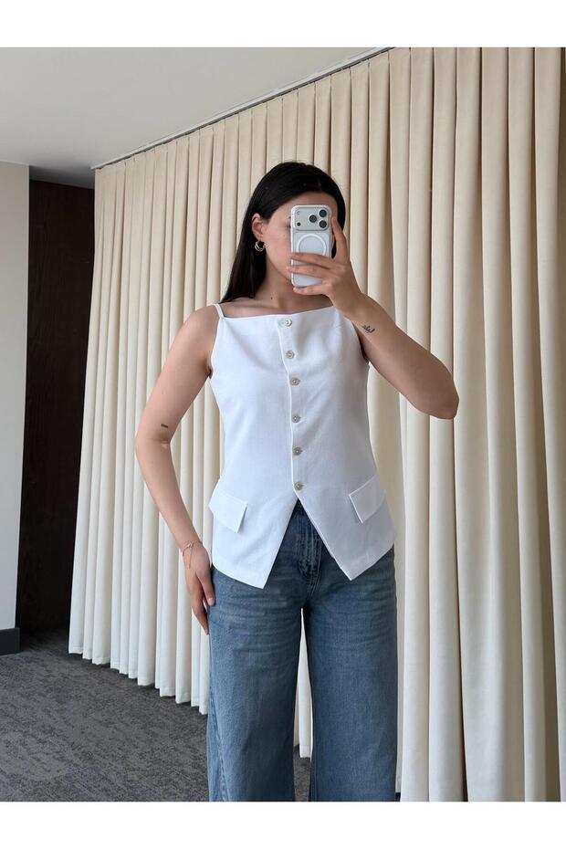 White 100% Cotton Thin Strap Vest with Pocket and Button Detail - 7253